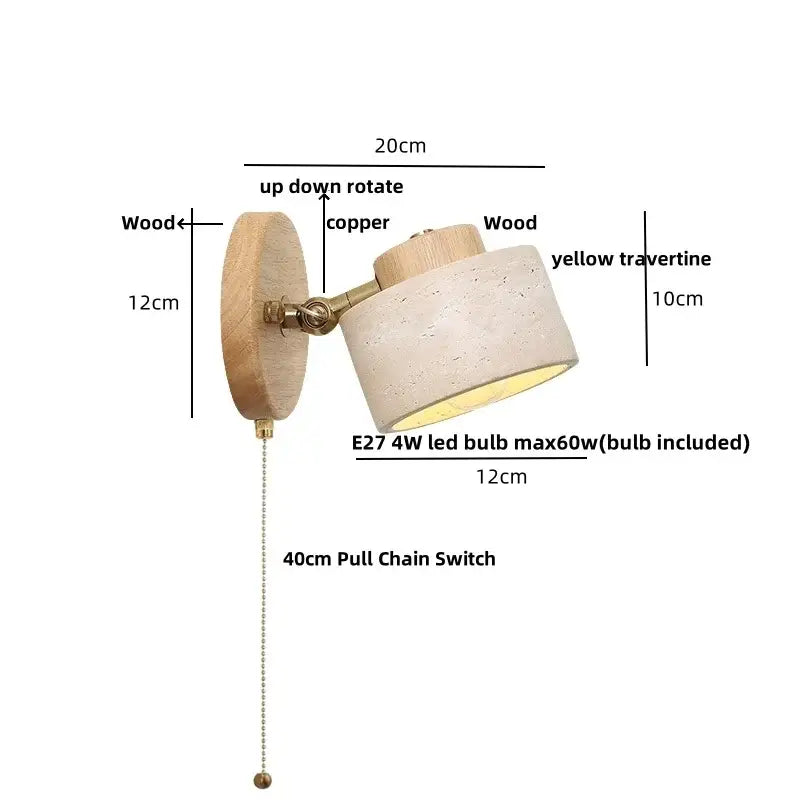 Rustic wall light fixture with wooden backplate copper joint and yellow travertine shade for bedroom use