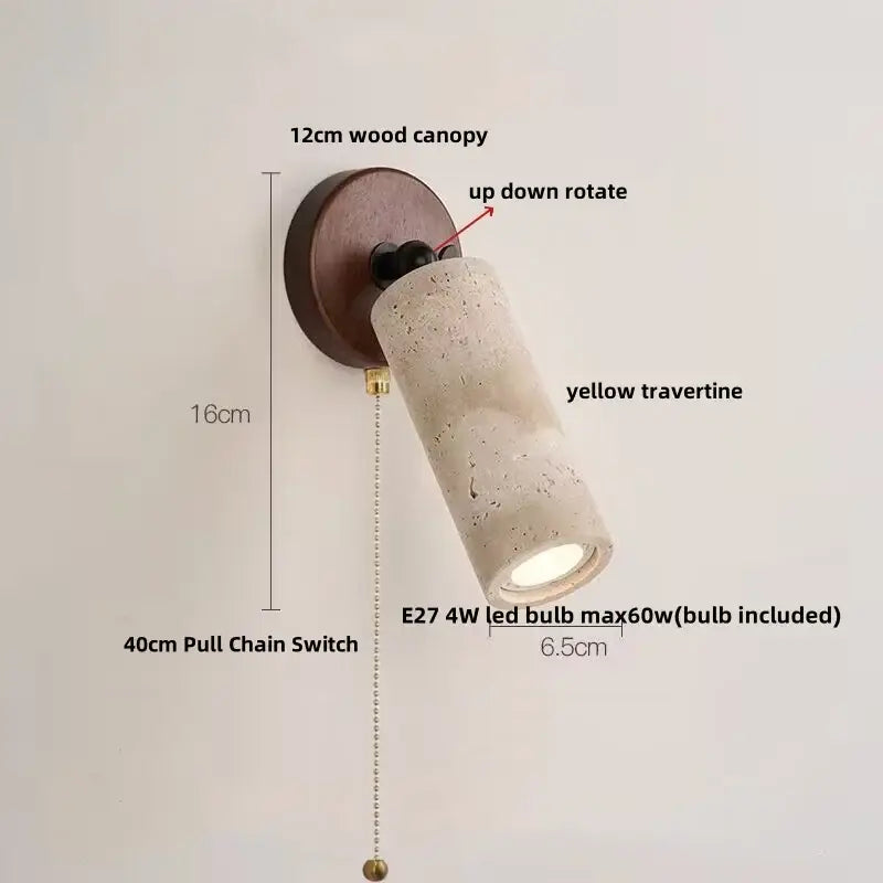 Modern beige stone and bronze wall light fixture with 12cm wood canopy and yellow travertine shade featuring rotating mechanism