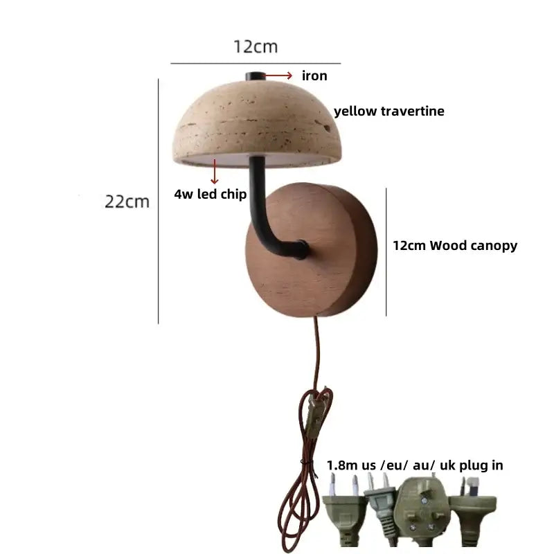 Modern beige stone and bronze wall light fixture with yellow travertine shade, wooden base, and iron stem for bedroom use