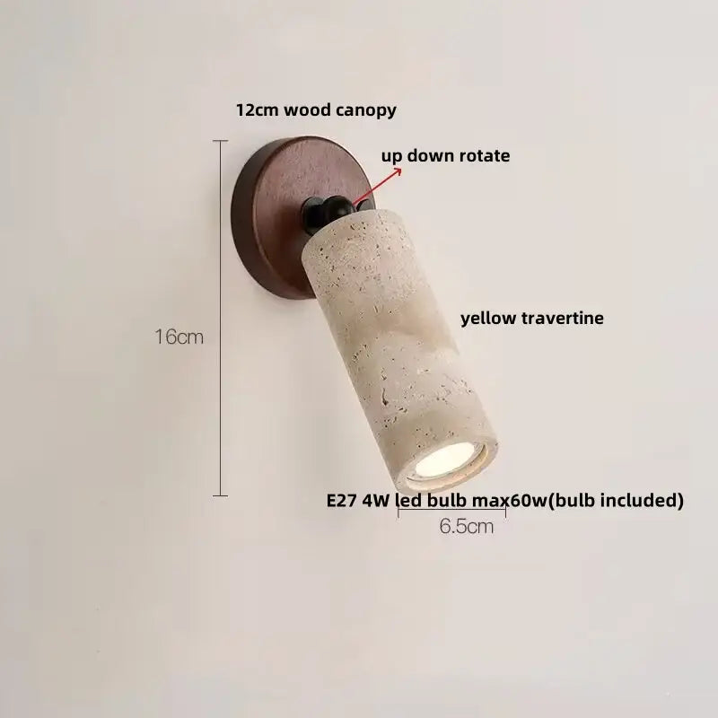 Modern beige stone and bronze wall light fixture with 12cm wood canopy and rotating yellow travertine body for bedroom use