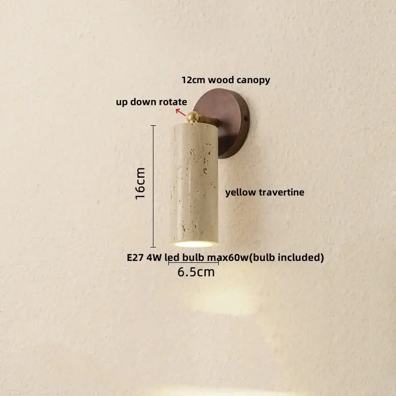 Modern beige stone and bronze wall light fixture with yellow travertine cylindrical sconce and 12cm wood canopy