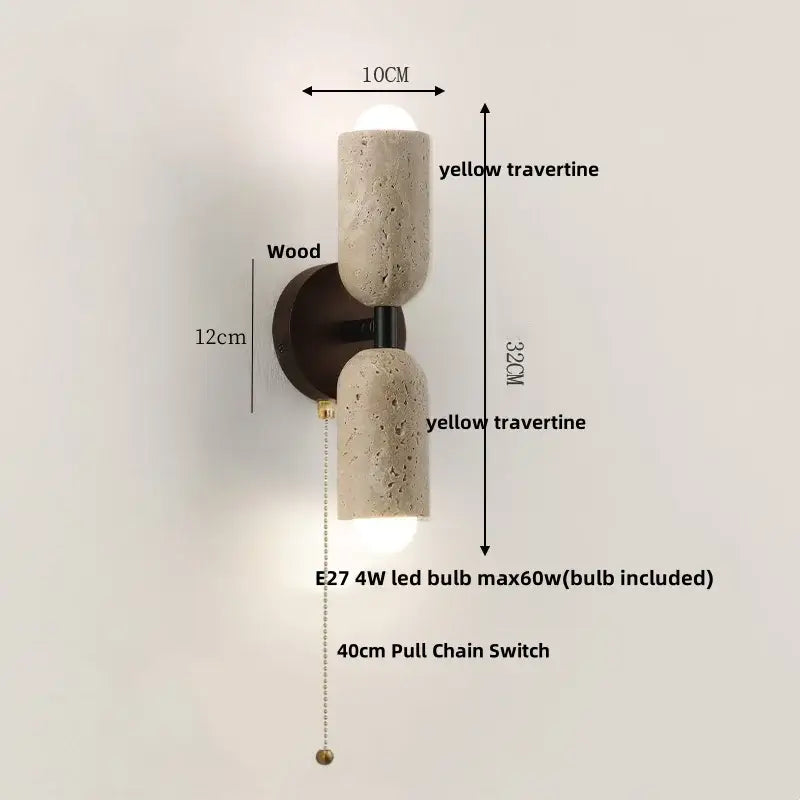 Modern beige stone and wood wall light fixture with yellow travertine textured finish and two cylindrical shades