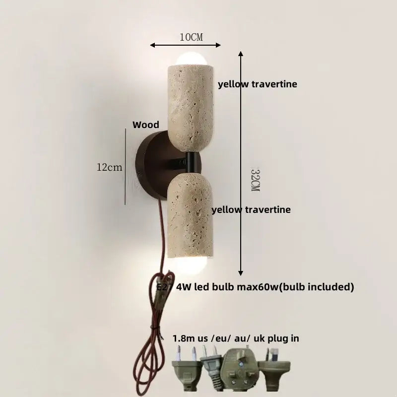 Modern beige stone and wood wall light fixture featuring a yellow travertine textured finish for bedroom sconce use