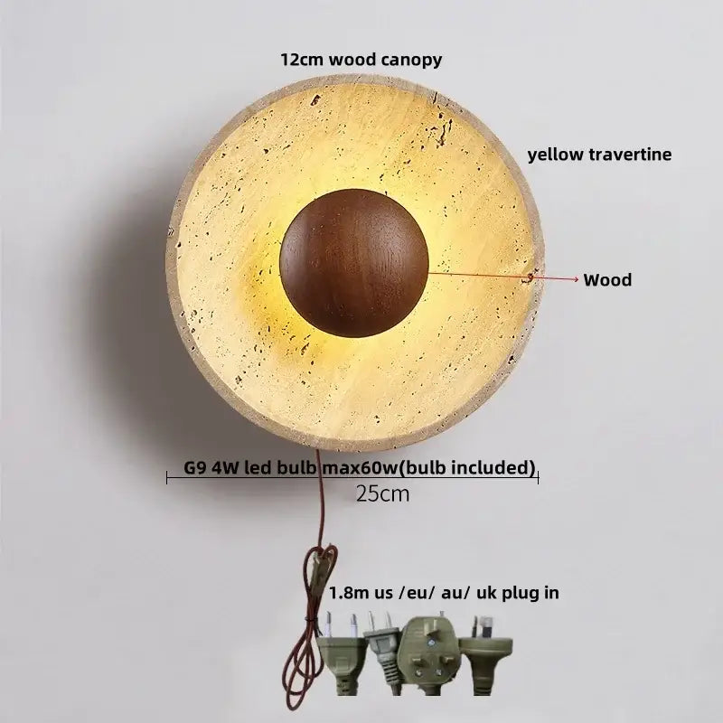 Modern beige stone led wall light with yellow travertine and a dark brown wood sphere for bedroom decorbites led wall