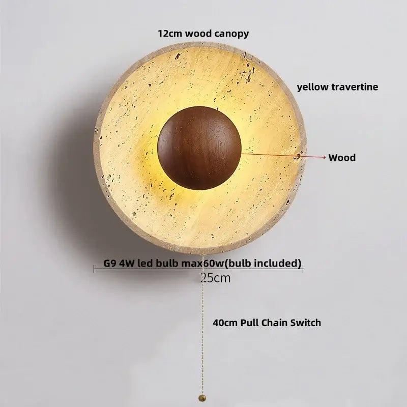 Modern beige stone led wall light with yellow travertine body, 12cm wood canopy, and dark brown wooden sphere decorbites led wall