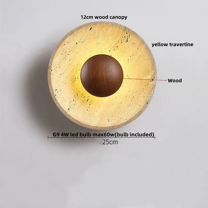 Modern beige stone led wall light with yellow travertine base, wood canopy, and dark brown wooden sphere by decorbites led wall