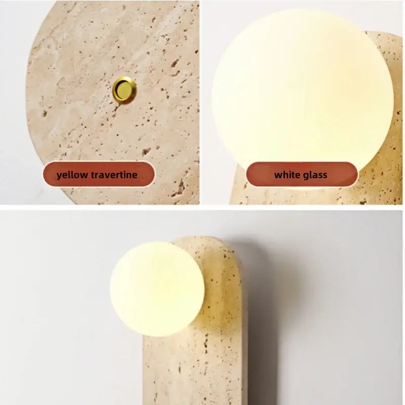 Modern beige stone led wall light with circular white glass shade and gold accent on textured yellow travertine base