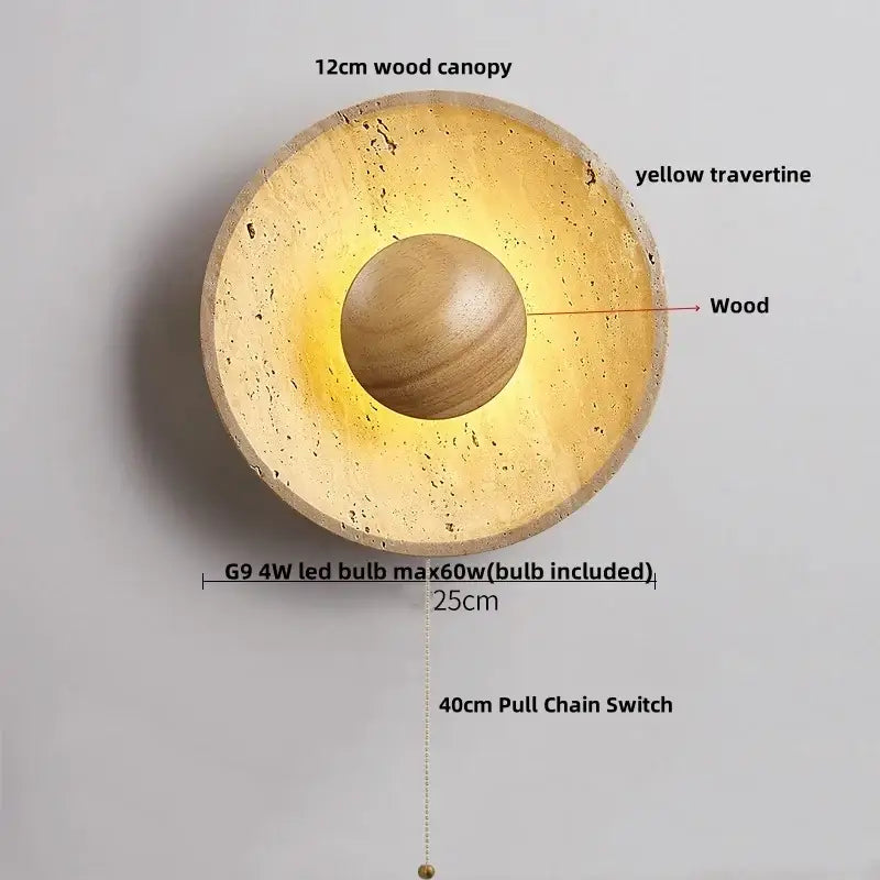 Modern beige stone led wall light featuring a warm yellow travertine and wood circular design with central wooden sphere