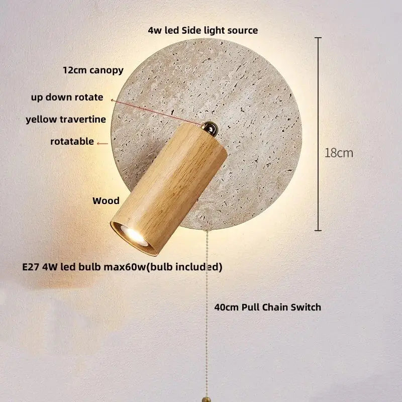 Modern beige travertine copper led wall lamp with cylindrical wooden shade and adjustable 4w led light source for bedroom decorbites copper led