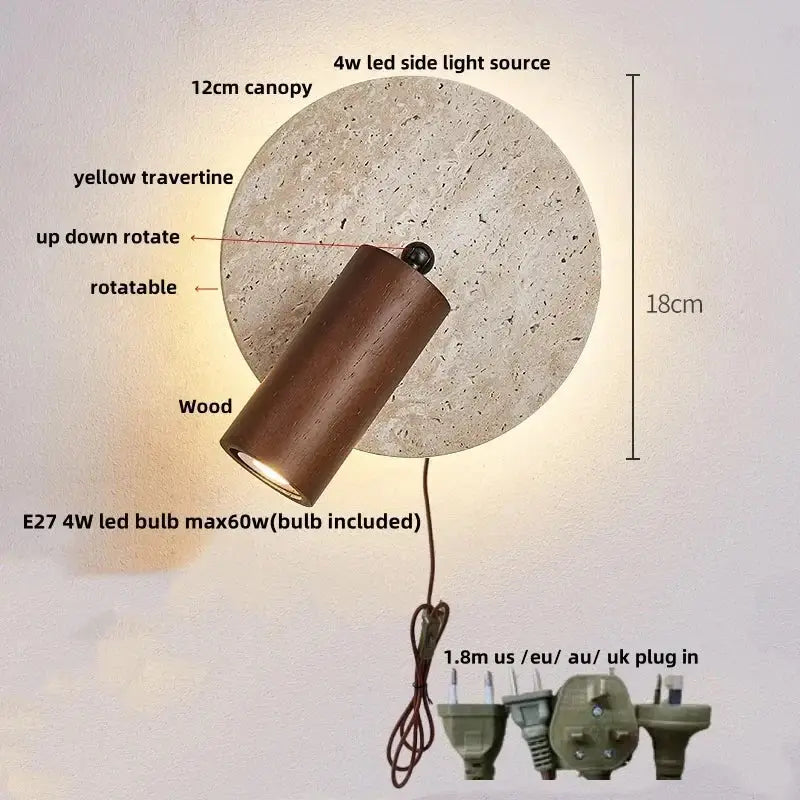 A modern beige travertine copper led wall lamp with a rustic wooden shade and adjustable rotation for bedroom lighting decorbites copper led