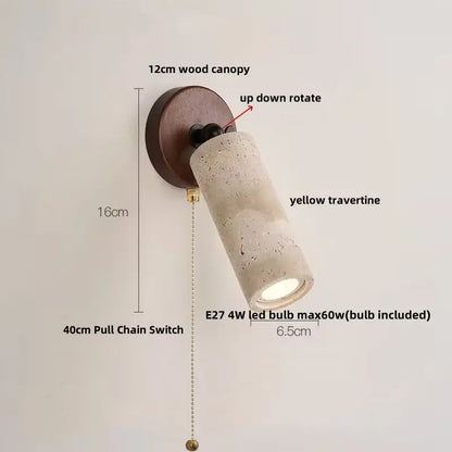 Modern beige travertine copper led wall lamp with 12cm wood canopy and rotating up-down spotlight for bedroom decorbites copper led