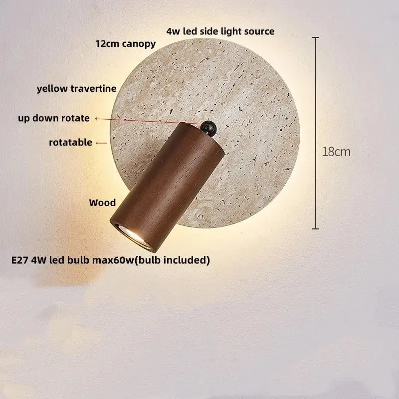 Modern beige travertine copper led wall lamp with cylindrical wooden shade and circular yellow travertine canopy by decorbites copper led