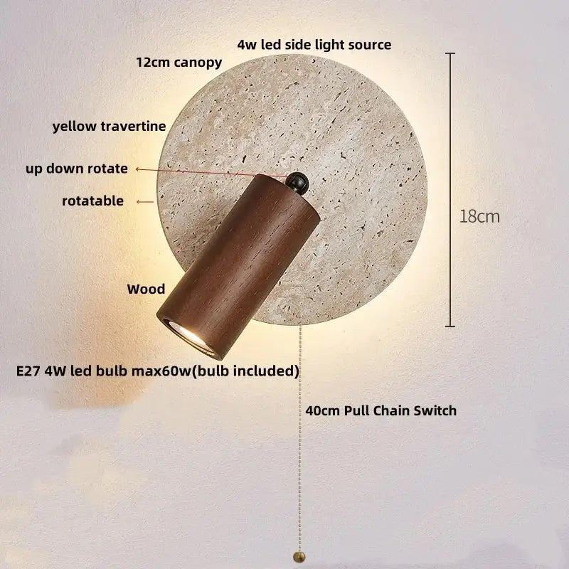 A warm-toned beige travertine copper led wall lamp with cylindrical wooden sconce for modern bedroom decorbites copper led lighting
