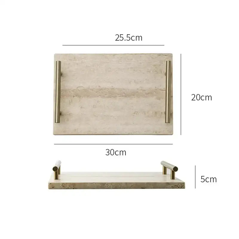 Modern beige travertine stone tray with gold metallic handles featuring natural beige travertine stone decorbites design