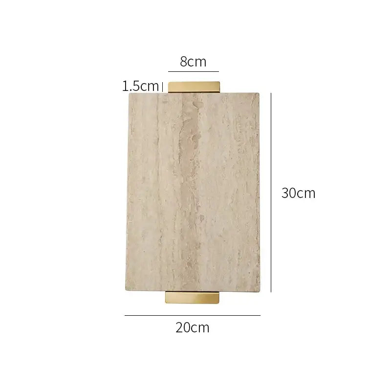 Modern beige travertine stone tray with gold handle decor and wall-mounted light fixture featuring textured stone face