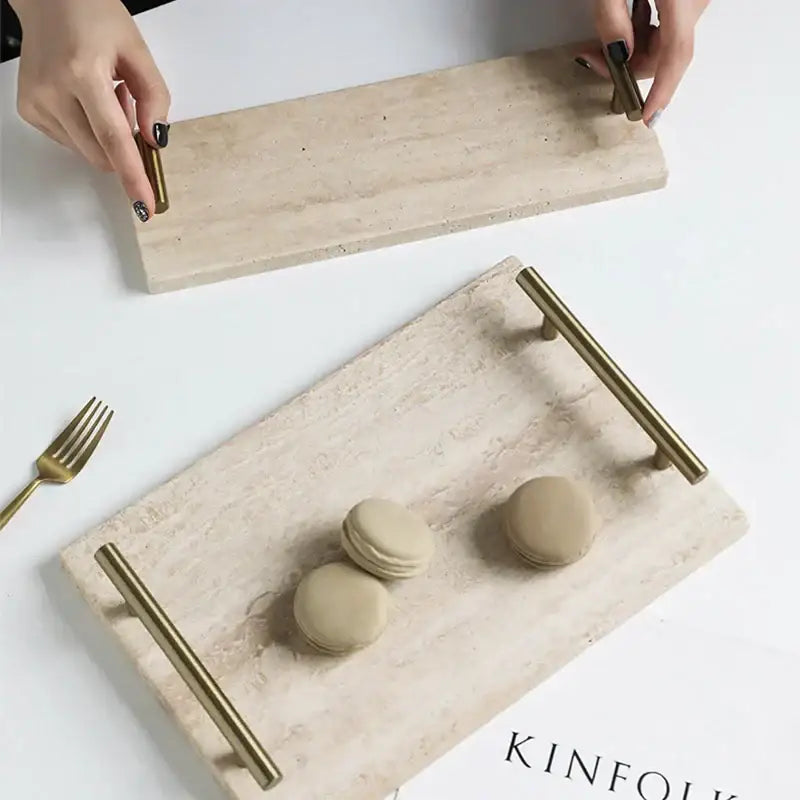 Modern beige travertine stone tray with sleek gold-tone metal handles for elegant decorbites beige travertine decor