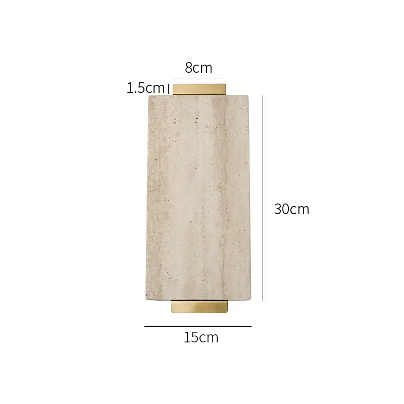 A sleek 30cm beige travertine stone wall sconce with polished brass accents for modern decorbites beige travertine decor