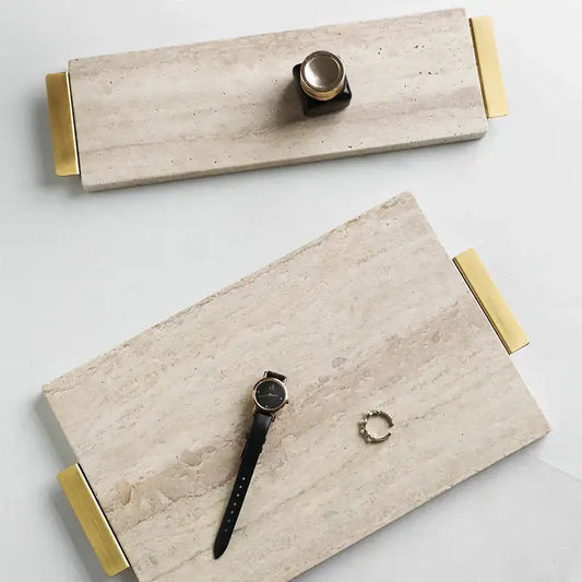 Modern beige travertine stone tray with gold-tone metal handles for kitchen decorbites beige travertine decor