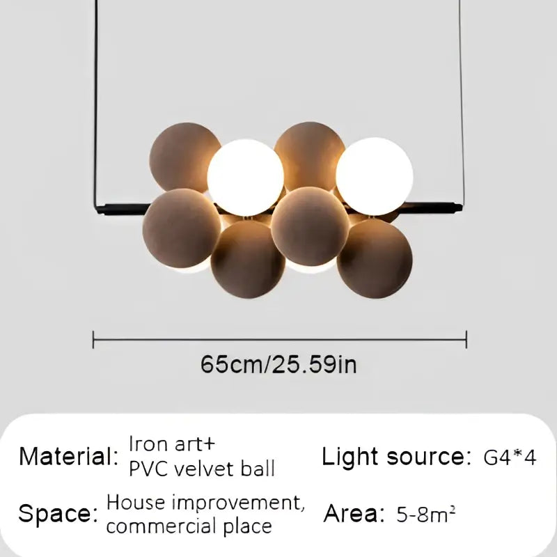 Modern beige and white abstracta pendant lamp with six spherical iron and pvc velvet bulbs for dining room decorbites pendant lamp