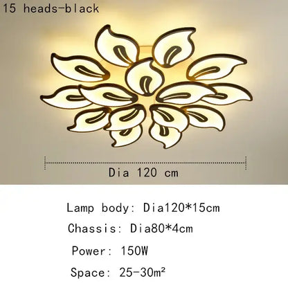 Modern beige and white flower led ceiling light with 15 black floral heads and warm glowing panels for living room