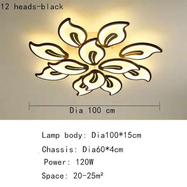Modern beige and white flower led ceiling light with black-outlined floral design and 12 glowing petal-shaped heads for living room