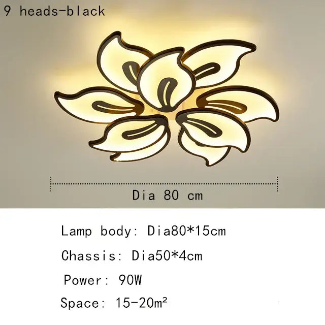 Modern beige and white flower led ceiling light with black frame and nine petal-shaped heads for elegant living room lighting