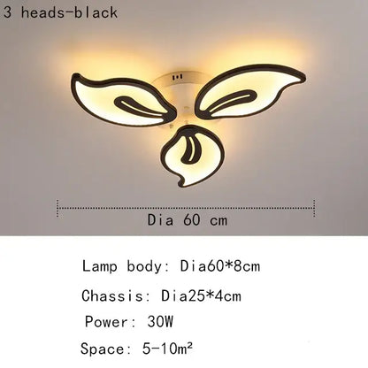 Modern beige and white flower led ceiling light with black leaf-shaped elegant led ceiling heads and warm glow for living room
