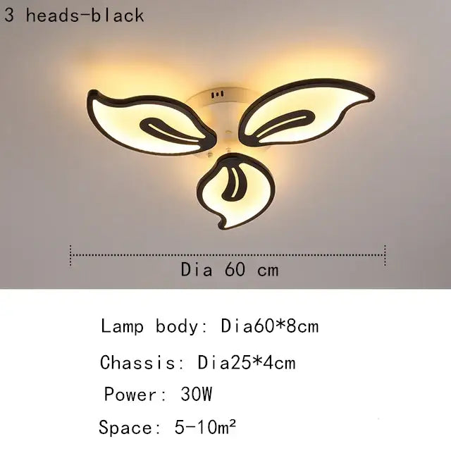 Modern beige and white flower led ceiling light with black leaf-shaped elegant led ceiling heads and warm glow for living room