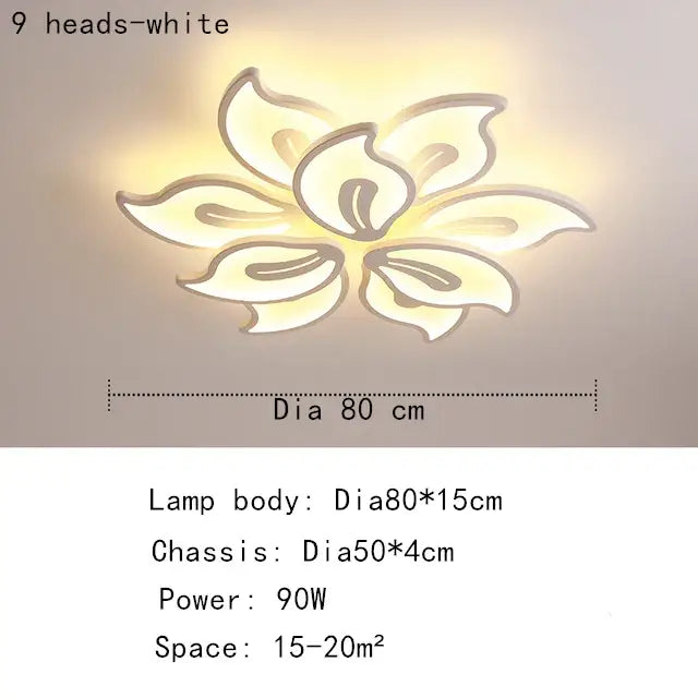 Modern beige and white flower led ceiling light with nine illuminated lotus-shaped petals for elegant living room lighting