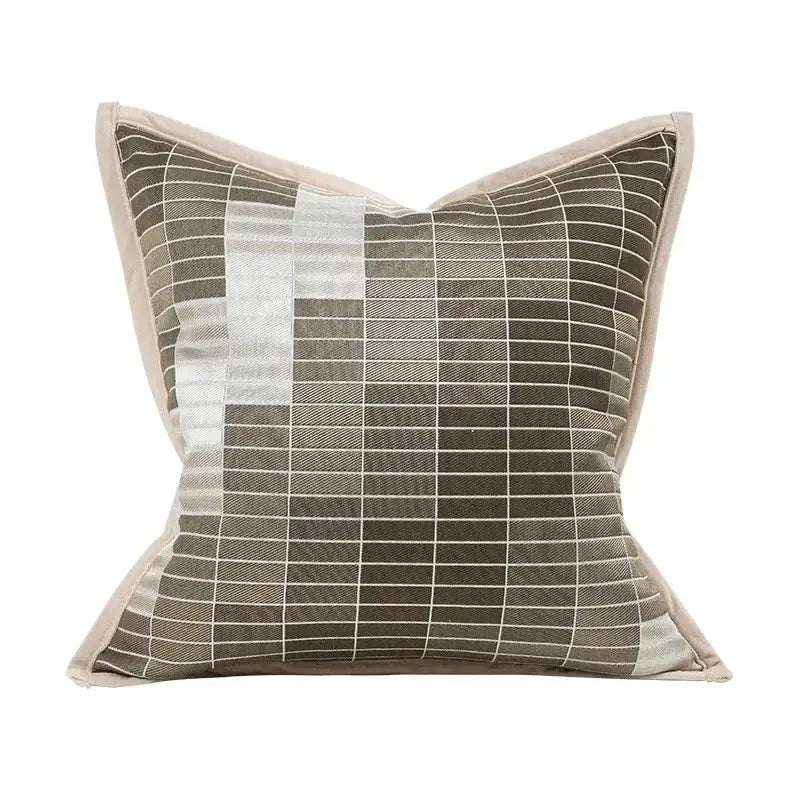 Square jacquard cushion cover with modern gray and silver grid pattern and beige piping for living room decorbites decor