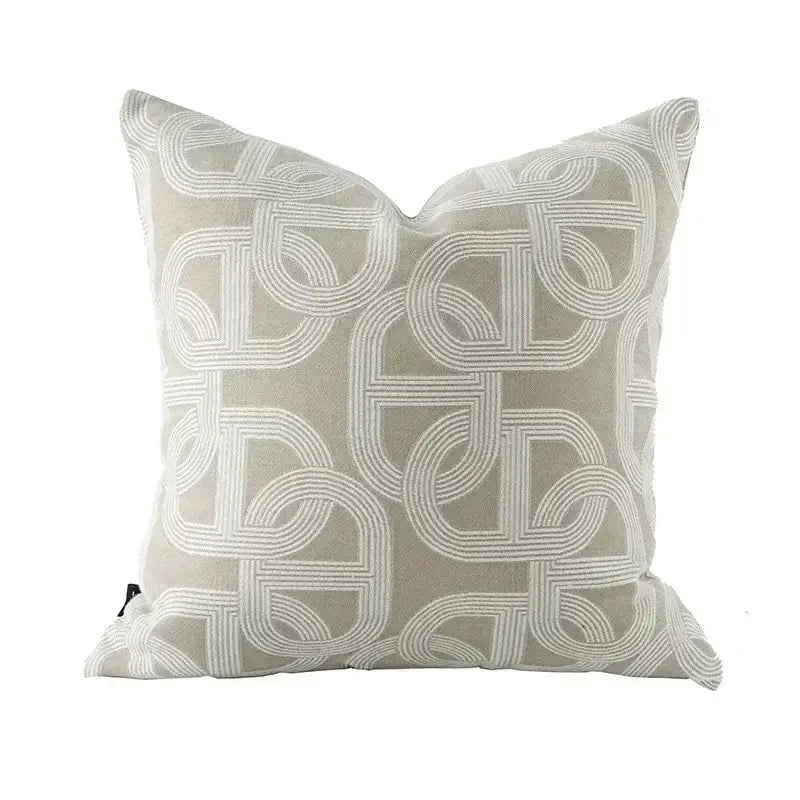Modern beige and white jacquard cushion cover with intricate geometric interlocking rings for stylish living room decorbites cushion covers