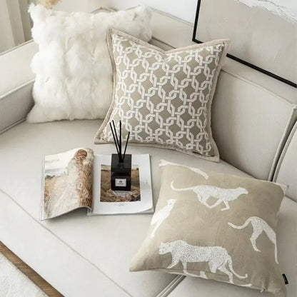 Beige jacquard cushion cover with white embroidered leopard silhouettes for living room decorbites geometric jacquard cushion covers