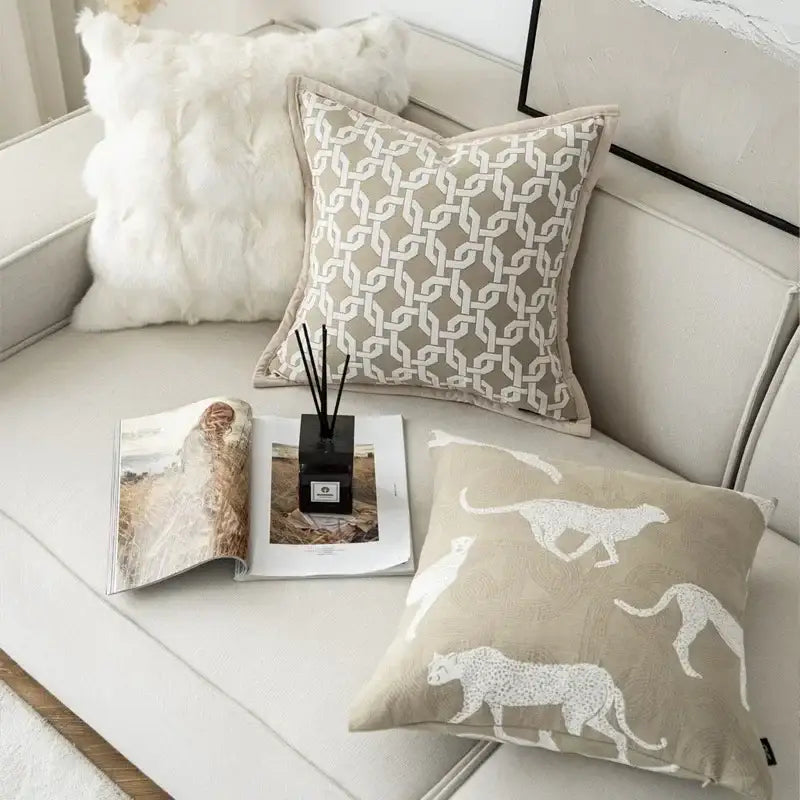 Beige jacquard cushion cover with white embroidered leopard silhouettes for living room decorbites geometric jacquard cushion covers