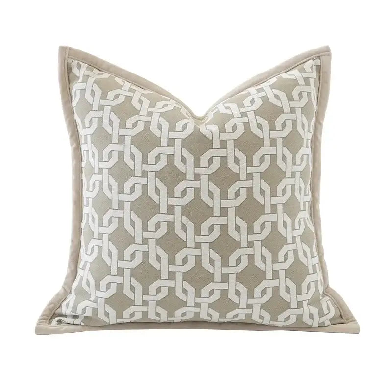 Beige jacquard cushion cover with off-white geometric chain-link pattern and matching fabric border for living room decorbites