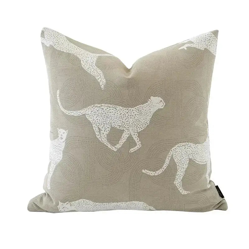 Modern beige and white jacquard cushion cover with embroidered cheetah silhouettes for stylish living room decorbites cushion covers