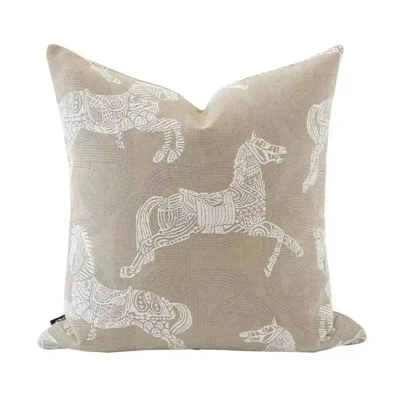 Beige jacquard cushion cover with intricate white embroidered horse design perfect for living room decorbites cushion covers