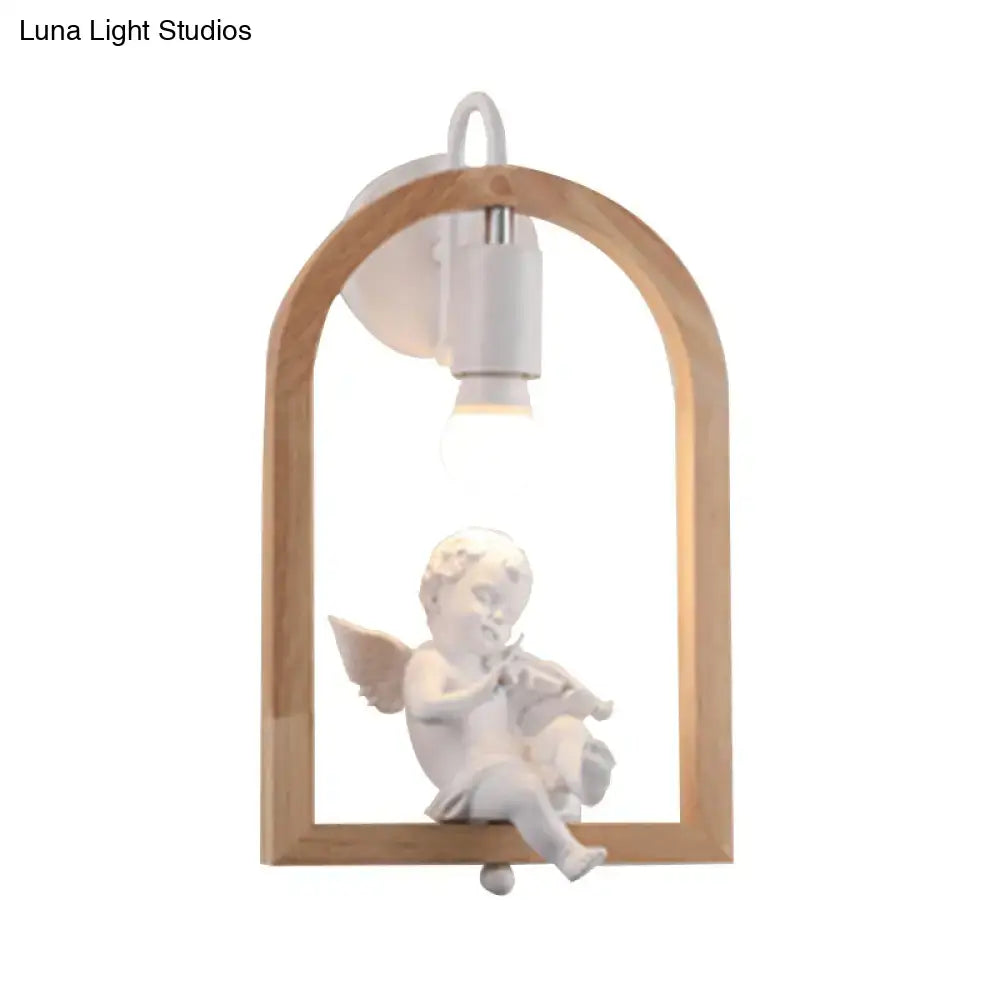 Modern beige wooden arched wall lamp with white angel figurine playing violin and bird decor measures nine inches