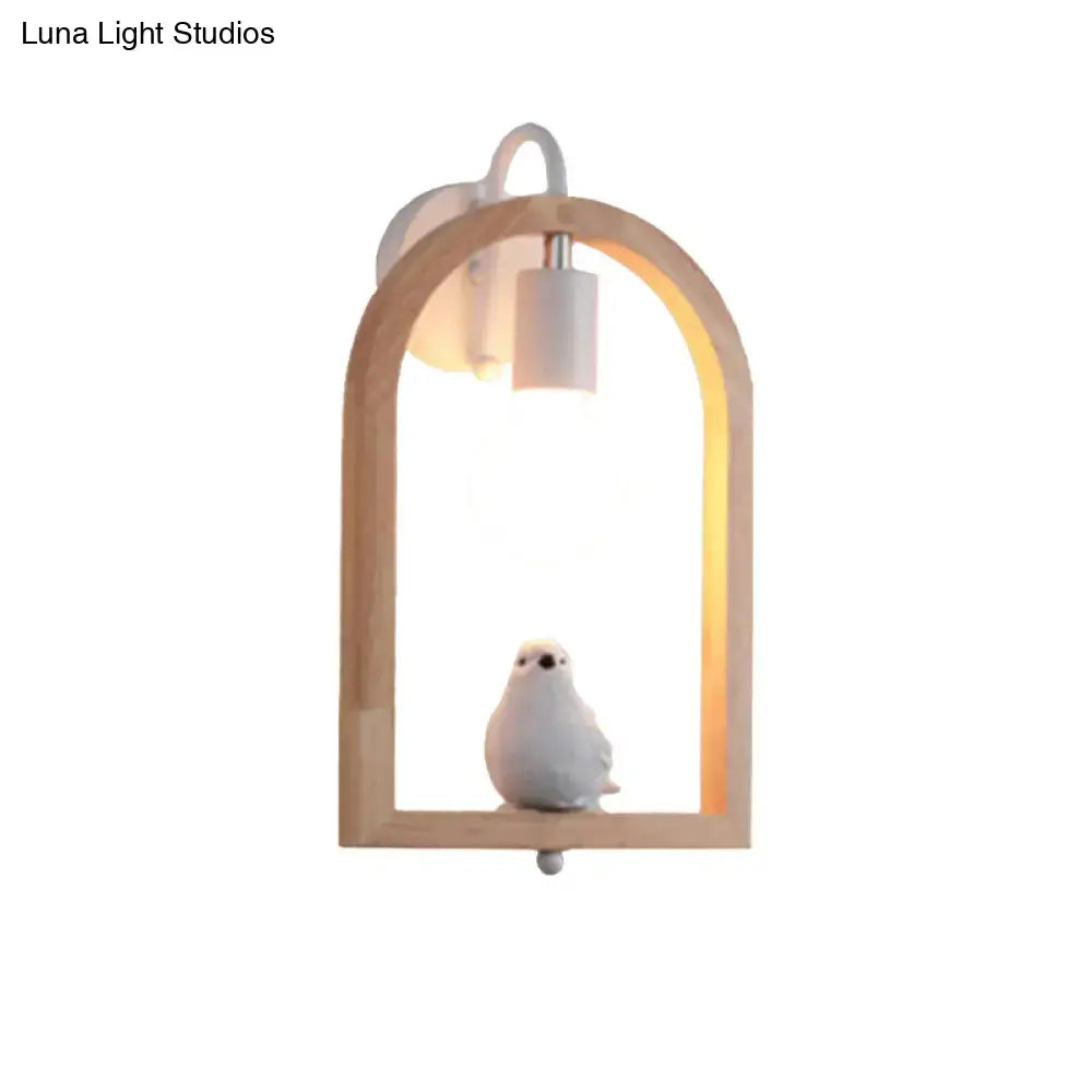 Modern beige wooden arched wall lamp with a nine inches frame and white ceramic bird decor powered by an electric source