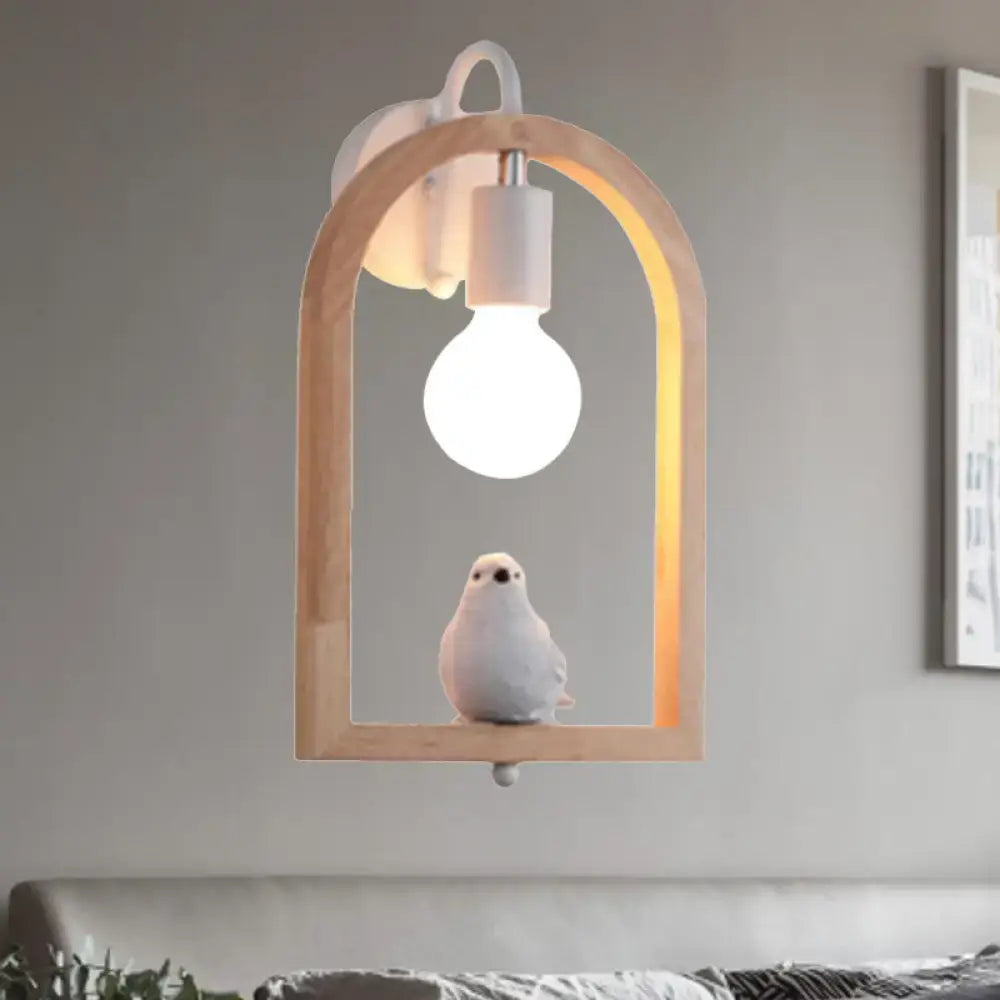 Modern beige wooden arched wall lamp with white ceramic bulb and bird decor powered by a nine inches power source
