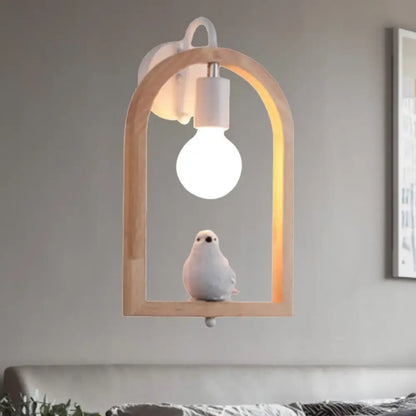 Modern beige wooden arched wall lamp with white ceramic bulb and bird decor powered by a nine inches power source