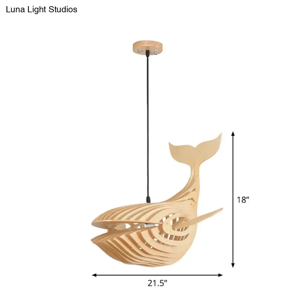 Modern beige wooden whale kids pendant light with a sleek layered design and black cord suspension for bedroom use