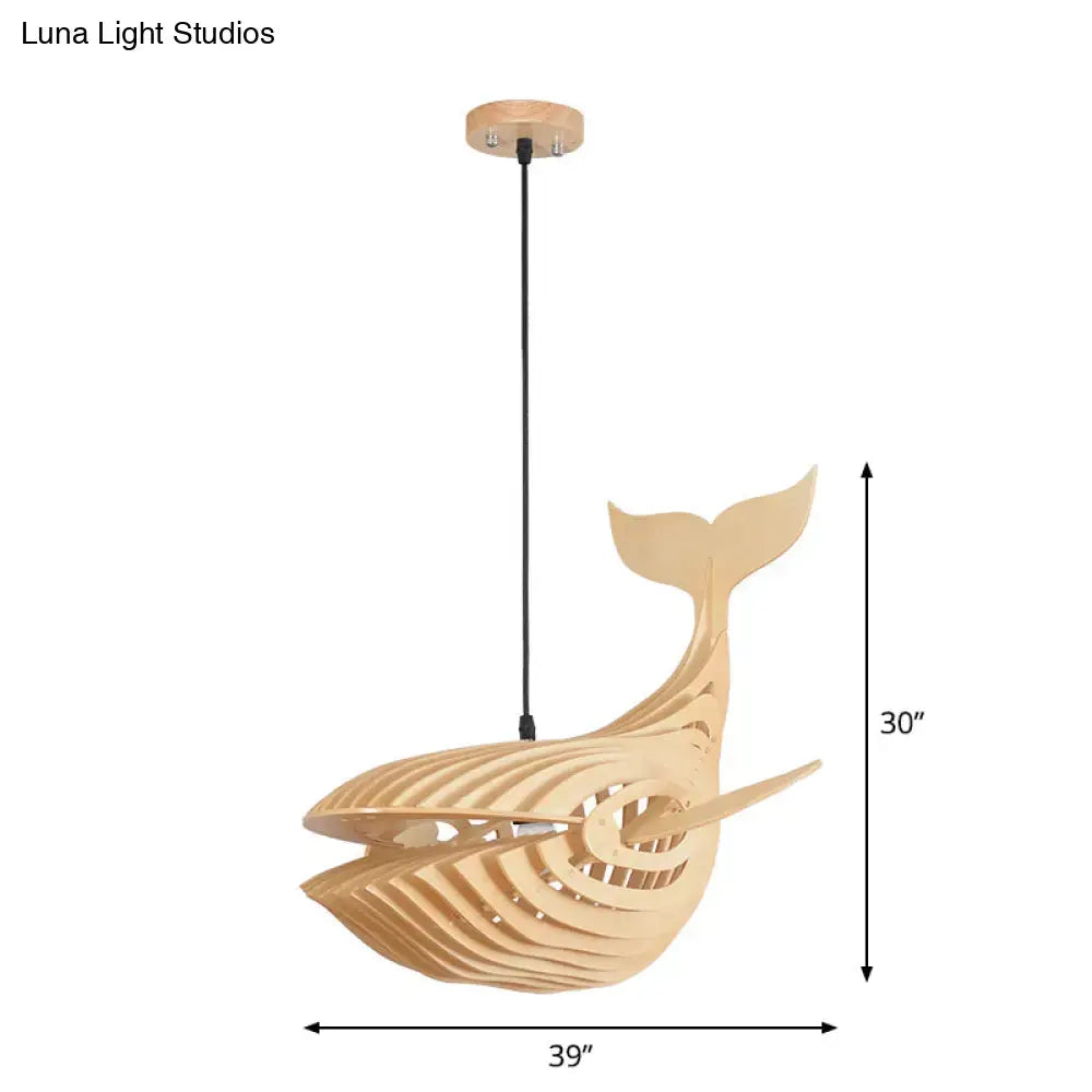 Modern beige wooden whale kids pendant light with sleek skeletal design in natural wood finish for bedroom hanging lamp