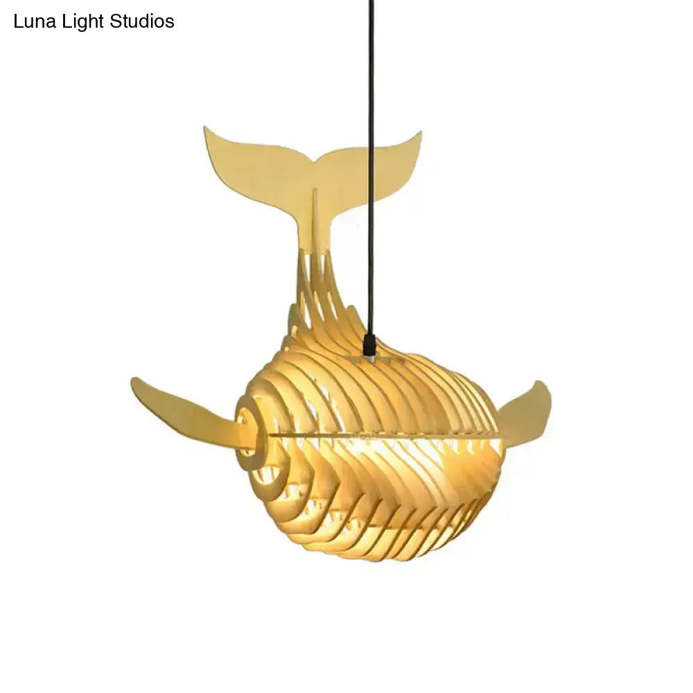 Modern beige wooden whale kids pendant light with golden ribbed layered design and sleek tail fin for bedroom hanging lamp