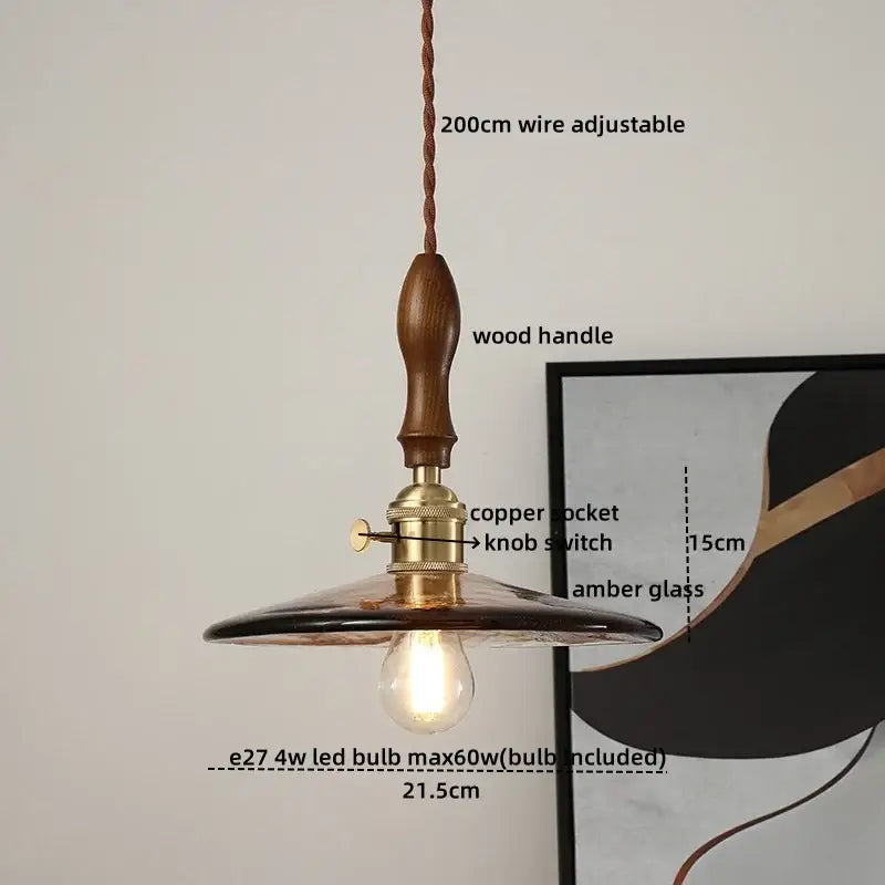 Modern bell ceramic led pendant light with amber glass shade brass socket and wooden handle for decorbites ceramic led decor
