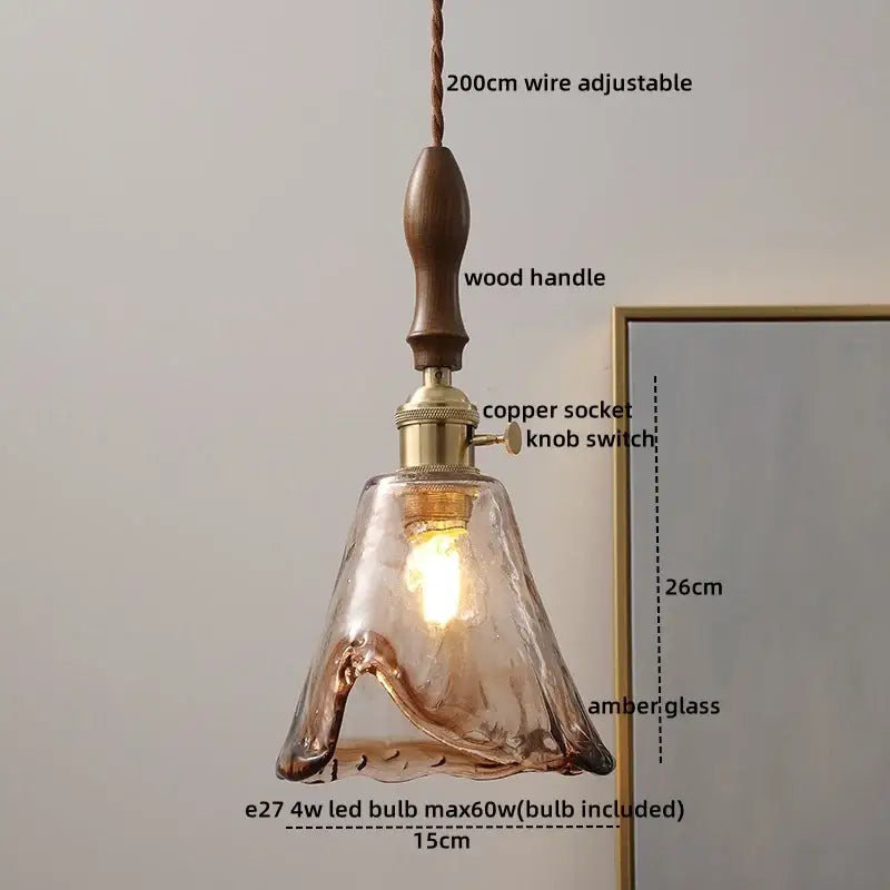 Modern bell ceramic led pendant light with warm amber glass, wooden handle, and copper socket for decorbites ceramic led decor