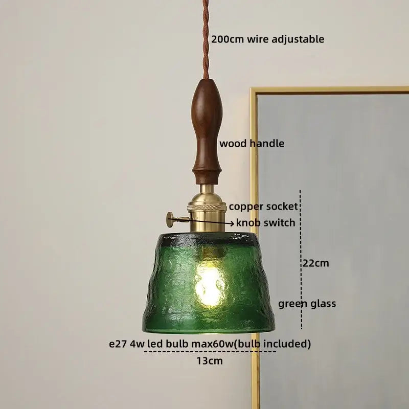 Green textured glass pendant light with wooden handle and copper socket for modern decorbites ceramic led pendant