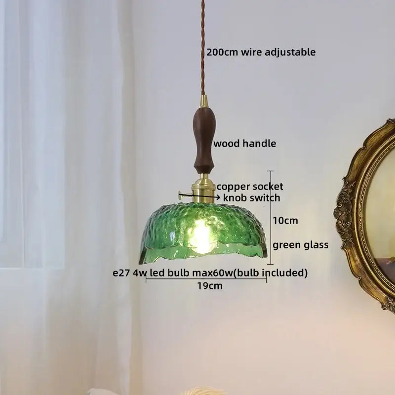 Modern bell ceramic led pendant light with green textured glass, wooden handle, and copper socket for decorbites ceramic led decor