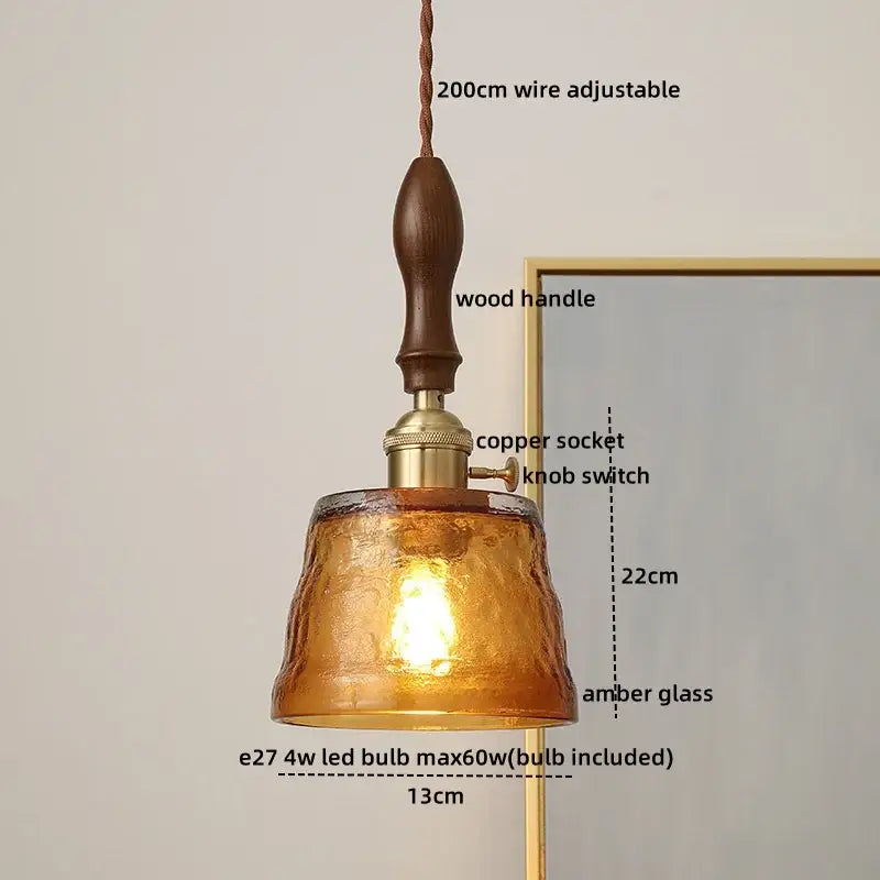 Modern bell ceramic led pendant light with warm amber glass, wooden handle, and brass accents for bedroom decorbites ceramic led
