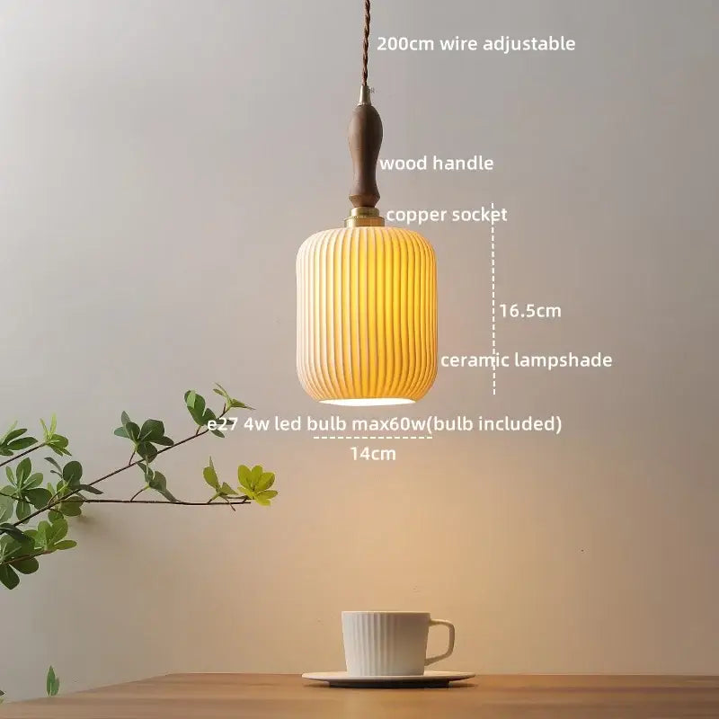 Modern bell ceramic led pendant light with warm ribbed ceramic shade wooden handle and copper socket for decorbites ceramic led decor