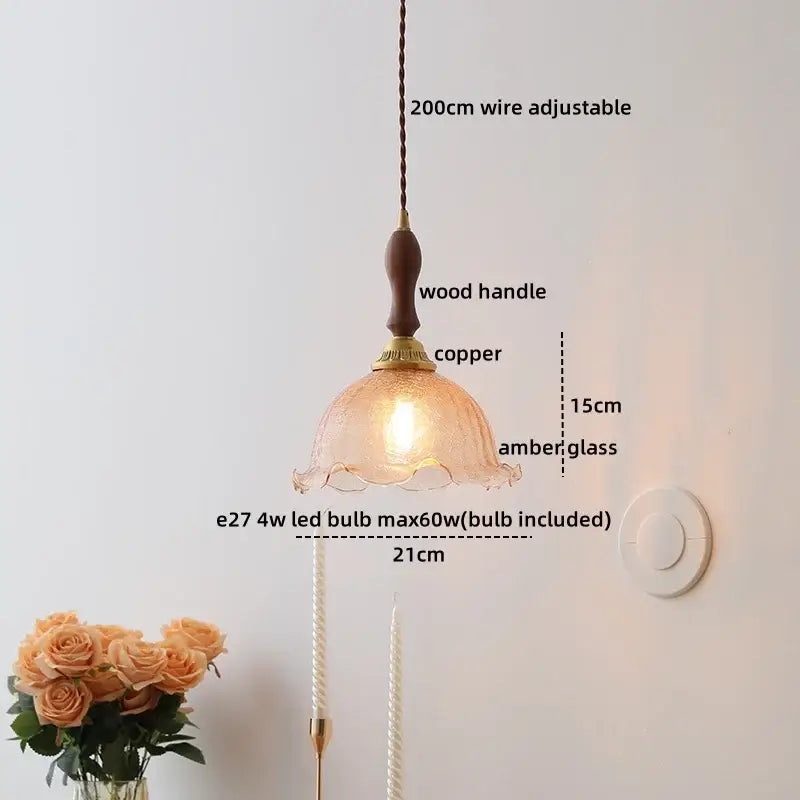 A warm amber glass ceramic led pendant light with wooden handle copper accents and adjustable 200cm wire decorbites ceramic led